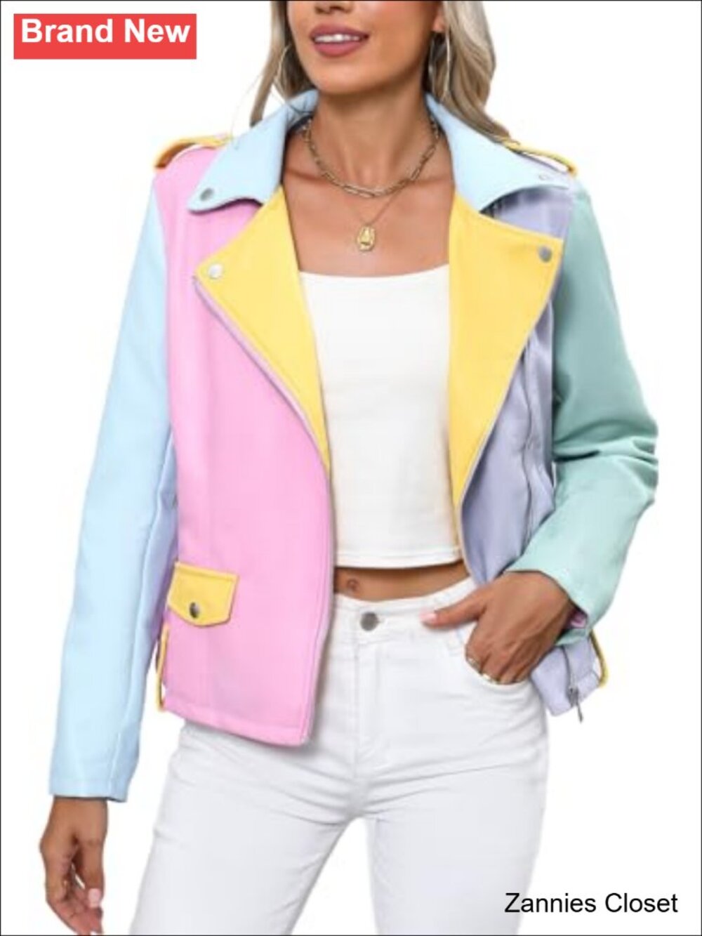 ✨ Bellivera Faux Leather Color-Block Moto Zip Up Jacket